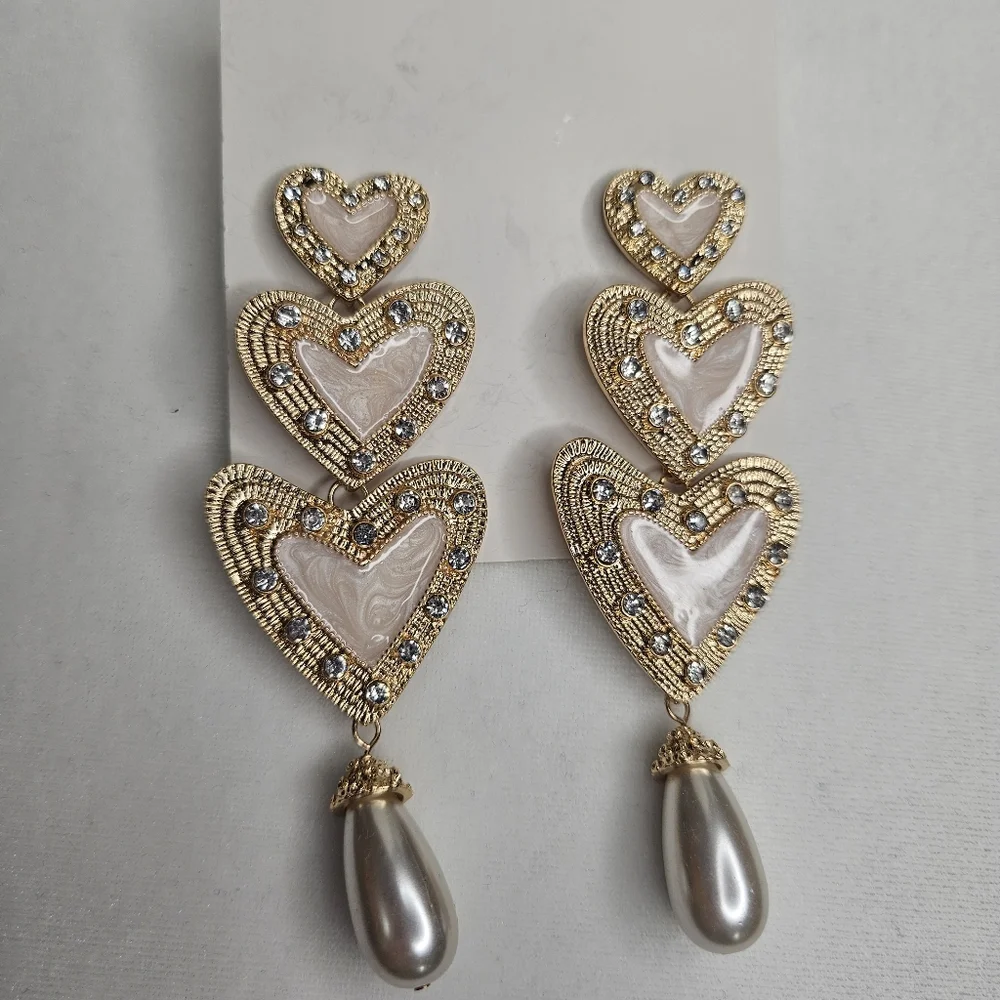 Light Pink Triple Hearts Pearl Rhinestone Statement Earrings Prom Jewelry
